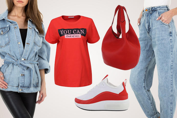 Red Bag Easy – Dein Casual Denim Look mit roter Beuteltasche zum günstigen Onlineeinkaufspreis