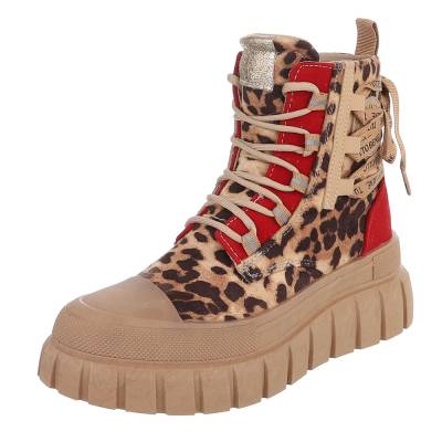 Lace-up ankle boots for women in beige and leo