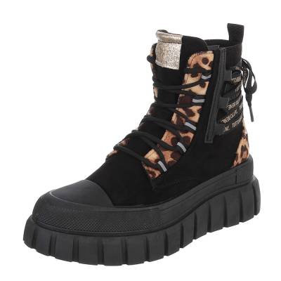 Lace-up ankle boots for women in black and leo